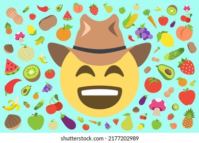 happy face emoji with cowboy hat amid fruits and vegetables pattern on light blue background,concept vector illustration