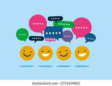 Emoji de cara feliz con burbujas de discurso. Discusión, conversación, reunión, comunicación en equipo, conversación con colegas, opinión. Ilustración vectorial plana.