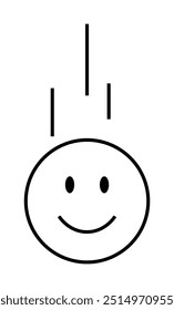 A happy face with eyes and a smile, positioned beneath three straight lines suggesting movement or descent. Ideal for humor, positivity, graphic design, minimalism, and modern art. Black and white vec