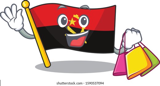 Happy face flag angola Scroll mascot style waving and holding Shopping bag