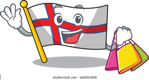 Happy face flag faroe island Scroll mascot style waving and holding Shopping bag
