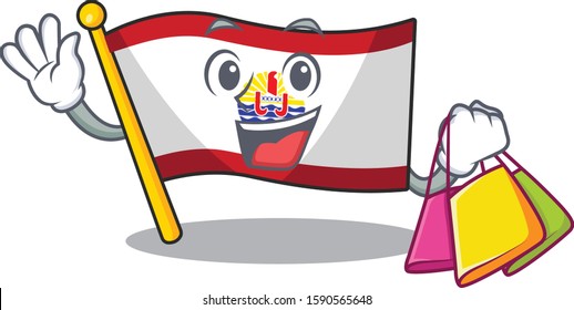 Happy face flag french polynesia Scroll mascot style waving and holding Shopping bag