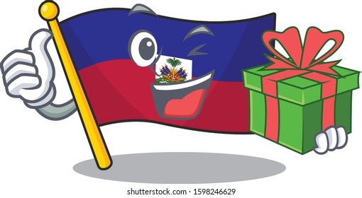 happy face flag haiti Scroll character with gift box