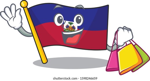Happy face flag haiti Scroll mascot style waving and holding Shopping bag