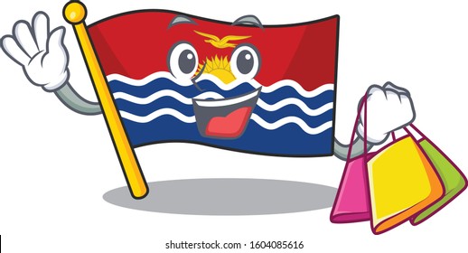 Happy face flag kiribati Scroll mascot style waving and holding Shopping bag