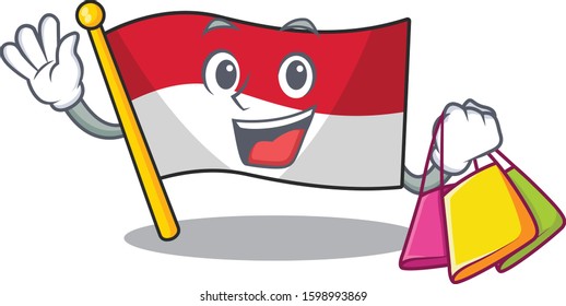 Happy face flag monaco Scroll mascot style waving and holding Shopping bag