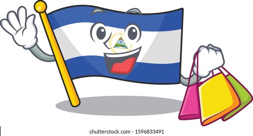 Happy face flag nicaragua Scroll mascot style waving and holding Shopping bag