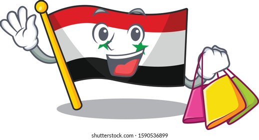Happy face flag syria Scroll mascot style waving and holding Shopping bag