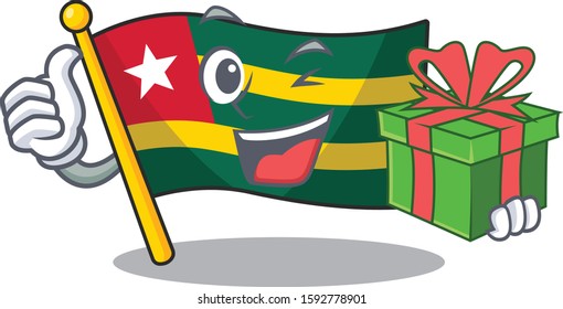 happy face flag togo Scroll character with gift box