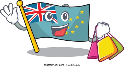 Happy face flag tuvalu Scroll mascot style waving and holding Shopping bag