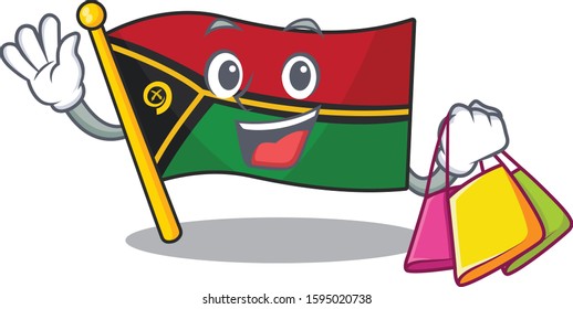 Happy face flag vanuatu Scroll mascot style waving and holding Shopping bag