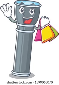 Happy face flashlight Scroll mascot style waving and holding Shopping bag