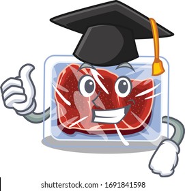 Happy face of frozen beef in black graduation hat for the ceremony