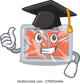 Happy face of frozen salmon in black graduation hat for the ceremony