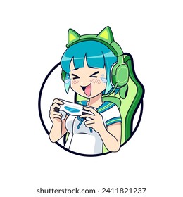Happy face Gamer girl esport gaming laughing emotion mascot logo vector