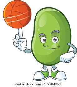 Happy face green beans cartoon character playing basketball