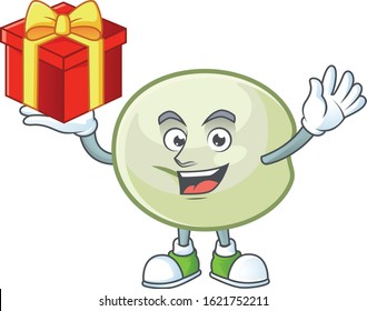 Happy face green hoppang cartoon character having a box of gift