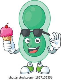 Happy face of green streptococcus pneumoniae cartoon mascot having an ice cream. Vector illustration