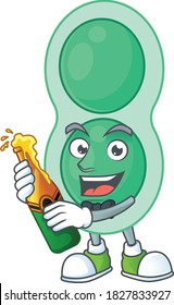Happy face of green streptococcus pneumoniae cartoon design toast with a bottle of beer. Vector illustration