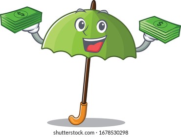 happy face green umbrella character having money on hands