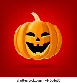 Happy face Halloween pumpkin isolated on red background. Vector illustration.