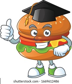 Happy face of hamburger in black graduation hat for the ceremony