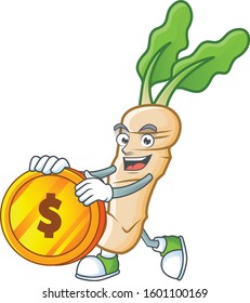 happy face horseradish cartoon character with gold coin