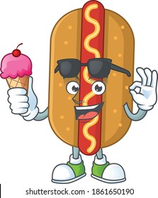 Happy face of hotdog cartoon mascot having an ice cream. Vector illustration