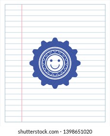 happy face icon emblem draw with pen effect. Blue ink. Vector Illustration. Detailed.