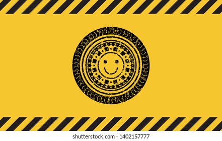happy face icon grunge black emblem with yellow background, warning sign. Vector Illustration. Detailed.