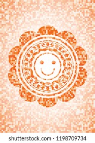 happy face icon inside abstract orange mosaic emblem with background