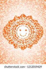 happy face icon inside abstract orange mosaic emblem with background