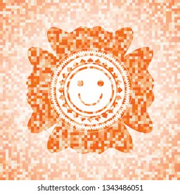 happy face icon inside abstract orange mosaic emblem with background