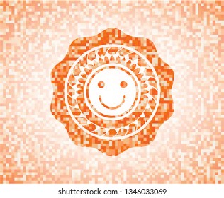 happy face icon inside abstract orange mosaic emblem