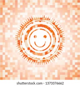 happy face icon inside abstract orange mosaic emblem