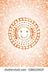 happy face icon inside abstract orange mosaic emblem