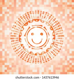 happy face icon inside abstract emblem, orange mosaic background