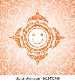 happy face icon inside abstract orange mosaic emblem