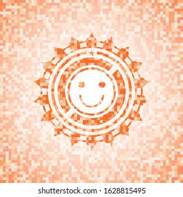 happy face icon inside abstract orange mosaic emblem