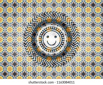 happy face icon inside arabesque emblem background. arabic decoration.