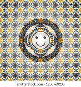 happy face icon inside arabesque emblem. arabic decoration.