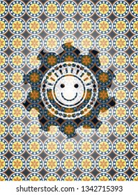happy face icon inside arabesque badge background. arabic decoration.