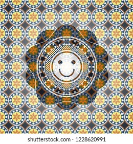 happy face icon inside arabic emblem. Arabesque decoration.