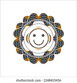 happy face icon inside arabic badge. Arabesque decoration.