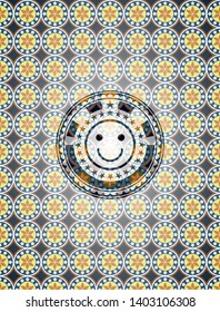 happy face icon inside arabic badge. Arabesque decoration.