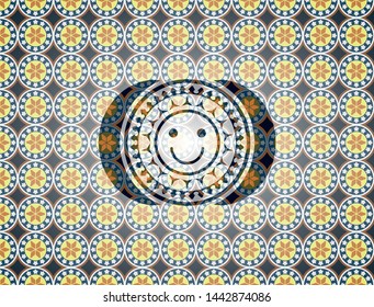 happy face icon inside arabic badge. Arabesque decoration.