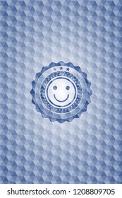 happy face icon inside blue badge with geometric pattern.