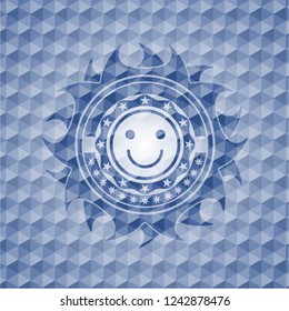 happy face icon inside blue emblem or badge with geometric pattern background.
