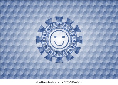 happy face icon inside blue polygonal emblem.