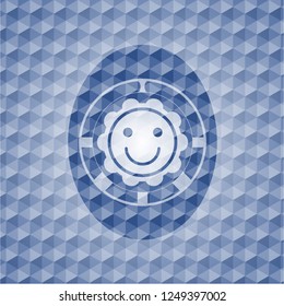 happy face icon inside blue hexagon badge.
